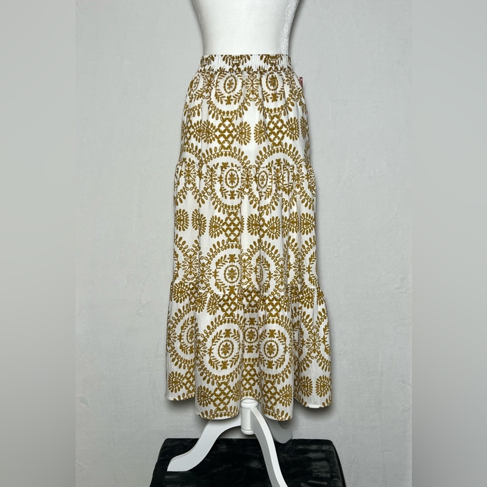 **NWT** White and Brown Patterned Tiered Maxi Skirt - 100% Cotton - size S